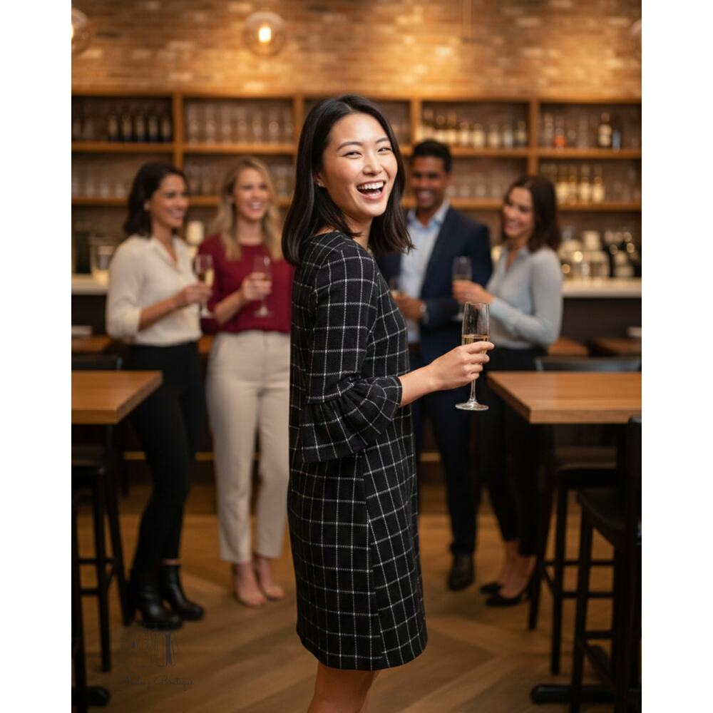 Banana Republic Womens Dress Size 4 Black Plaid 3/4 Bell Sleeve Lined